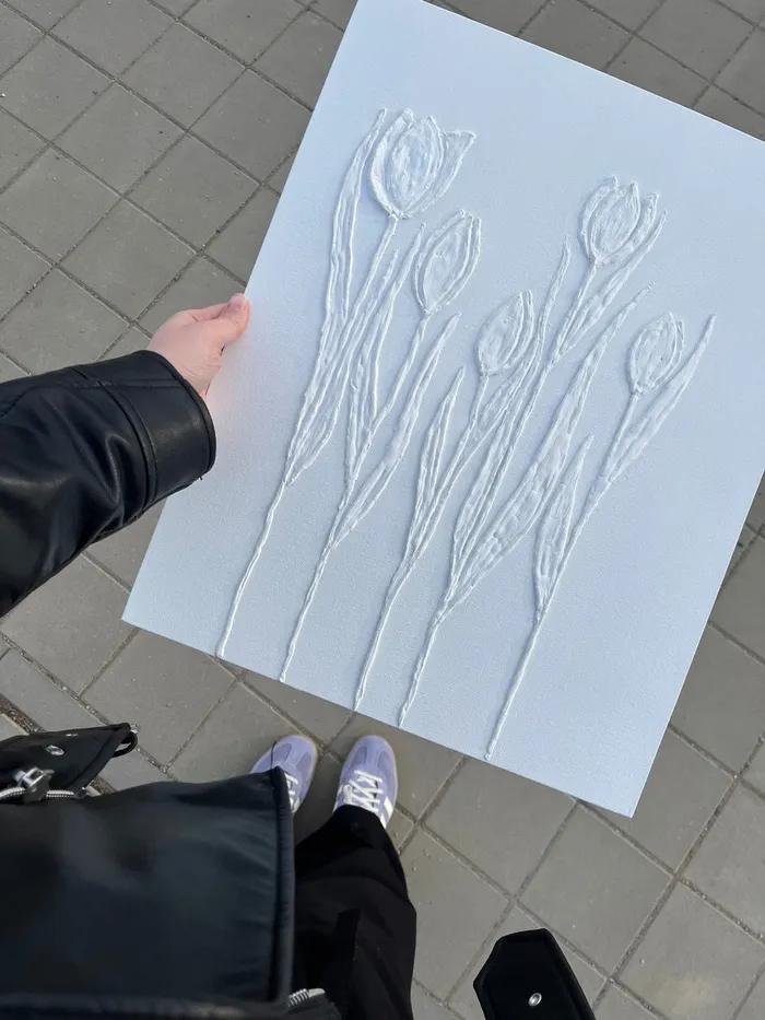 Ručně vytvořený plastický obraz s tulipány